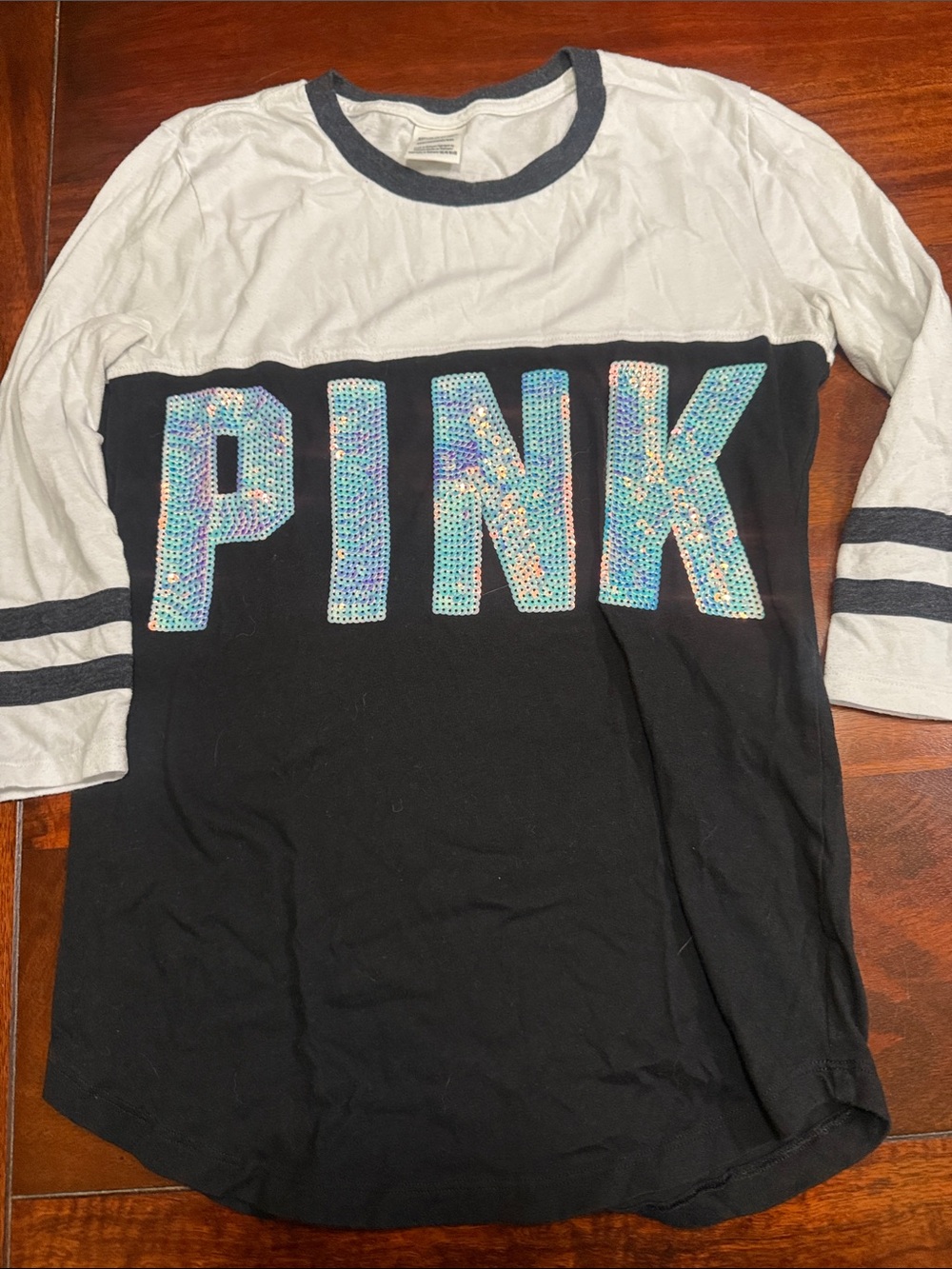 PINK Victoria's Secret Black & White Sequin Letter Baseball Tee